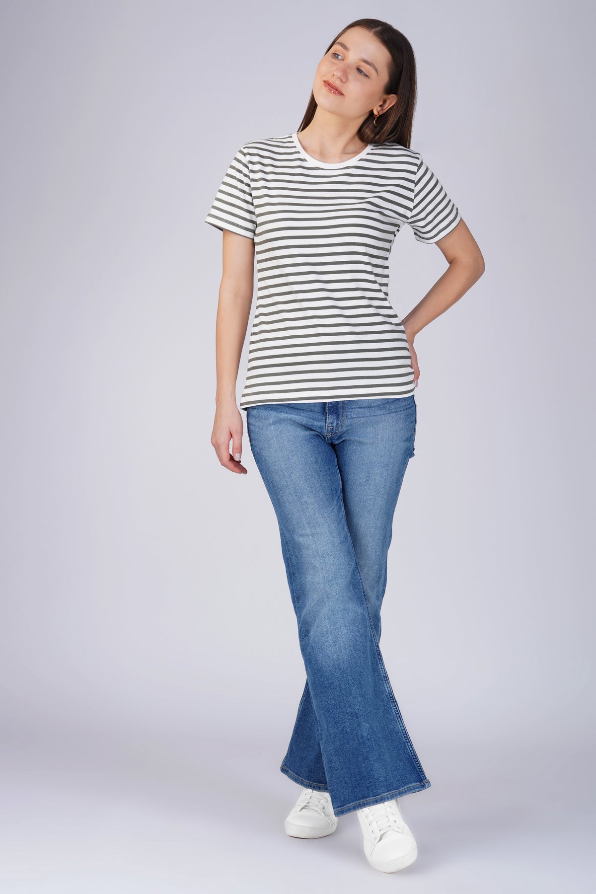 STRIPE COTTON T-SHIRT - WHITE & OLIVE