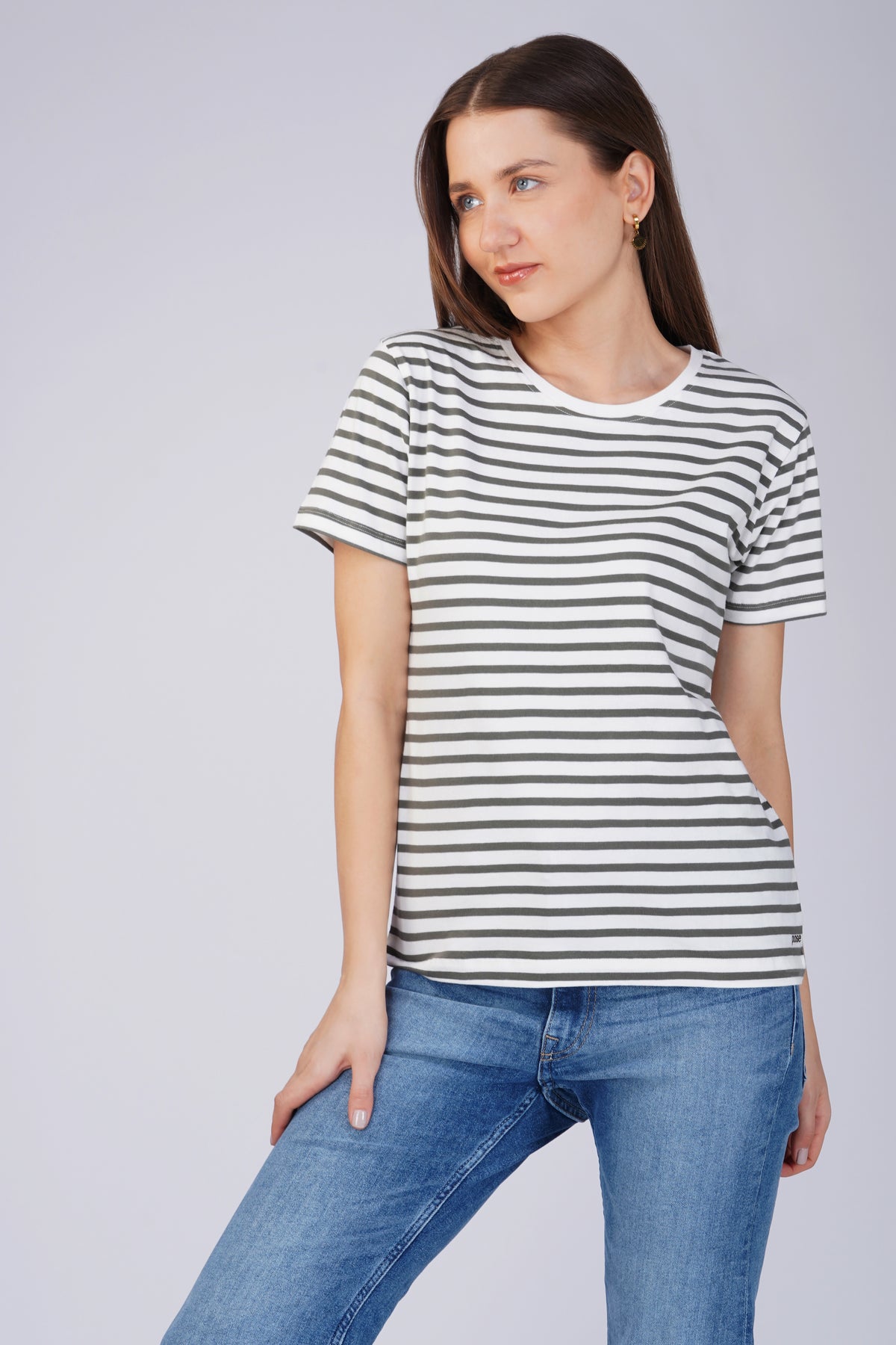 STRIPE COTTON T-SHIRT - WHITE & OLIVE
