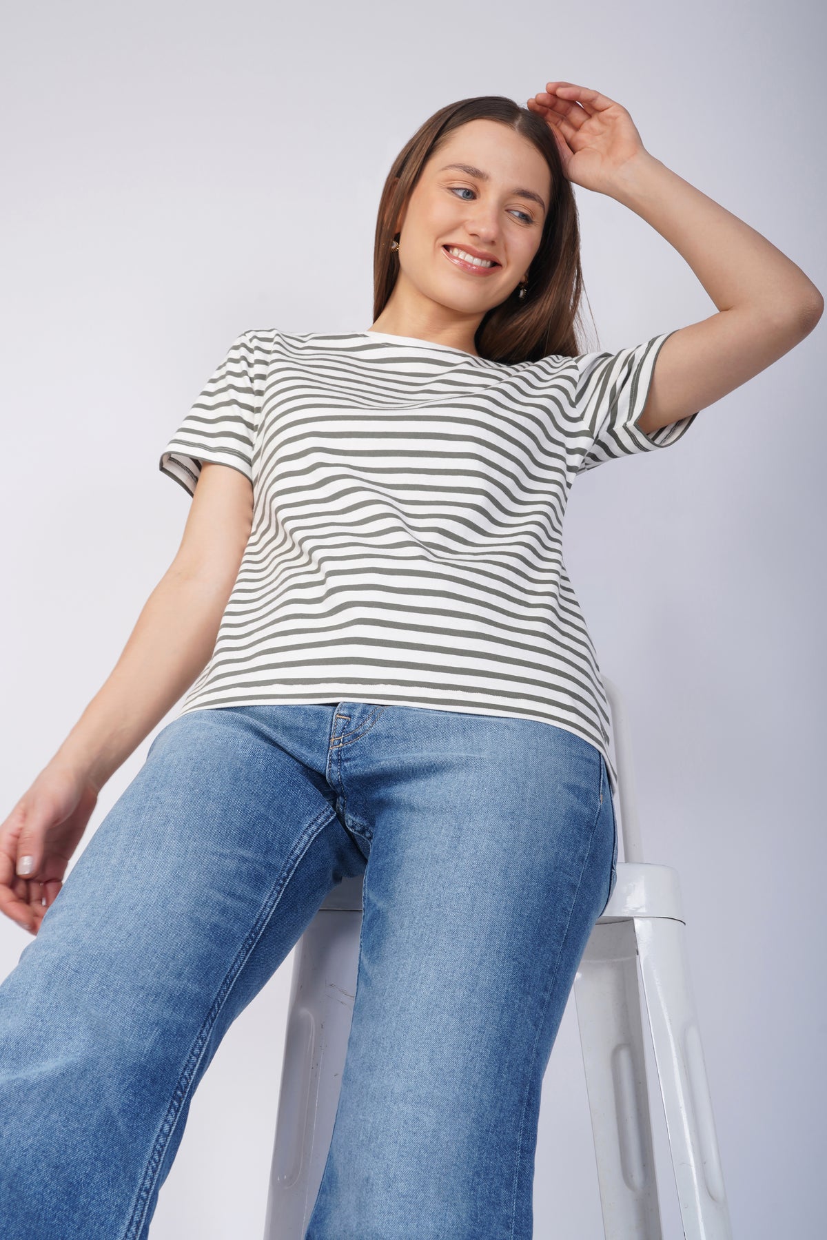 STRIPE COTTON T-SHIRT - WHITE & OLIVE