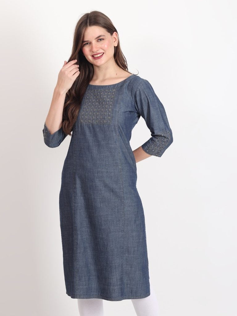 EMBROIDERIED DENIM STRAIGHT KURTA