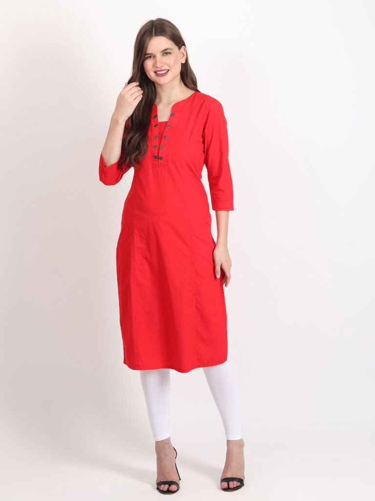 THREADWORK WITH BUTTONS LOOK POPLIN KURTA - Red