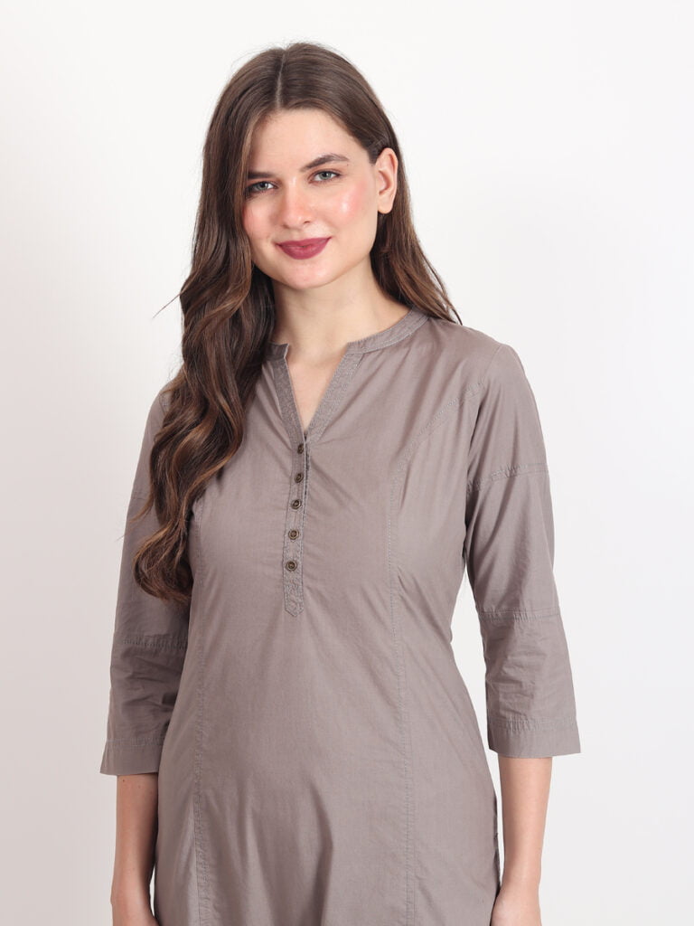 V-NECKGREY POPLIN KURTA - Grey