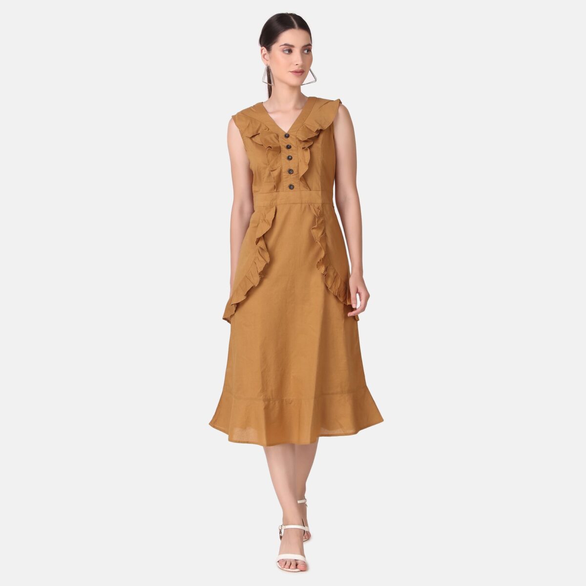 V-NECK FRILL STYLE COTTON CAMBRIC STRAIGHT KURTA - Beige