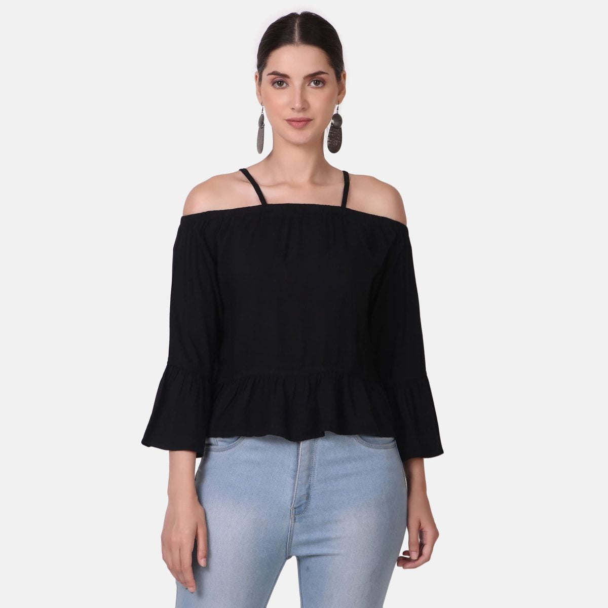 OFF-SHOULDER FRILL TENSIL TOP - Black