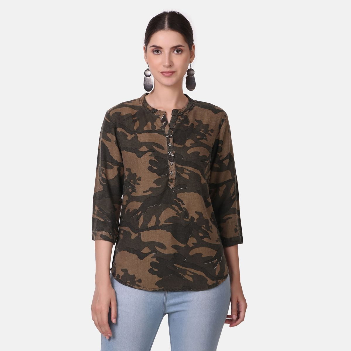 DARK GREEN CAMOUFLAGE PRINT TOP - Olive Green