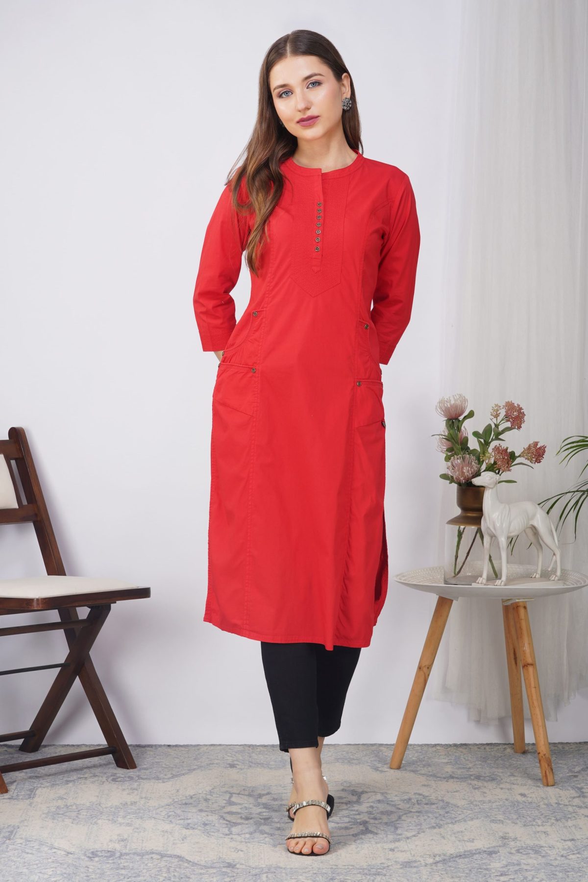 BEN NECK RED POPLIN KURTA