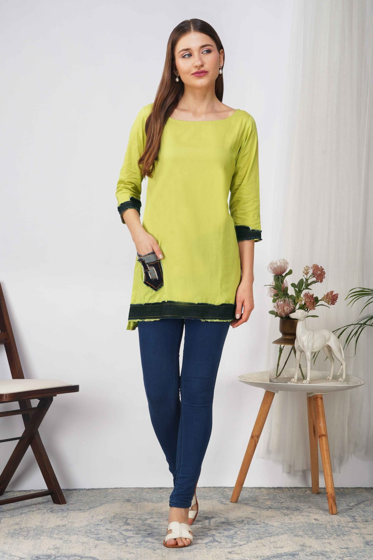 LEMON COTTON WITH DENIM STYLE SHORT KURTA