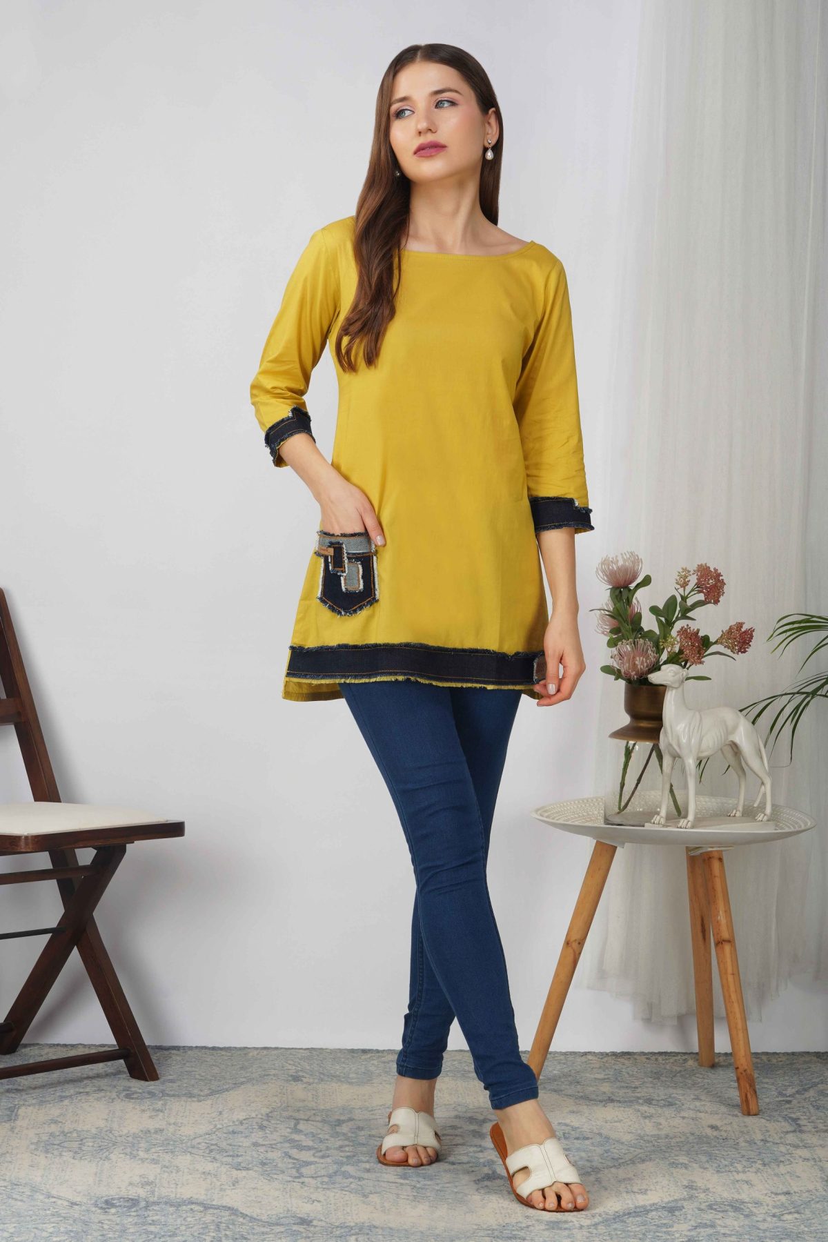 YELLOW COTTON WITH DENIM STYLE SHORT KURTA