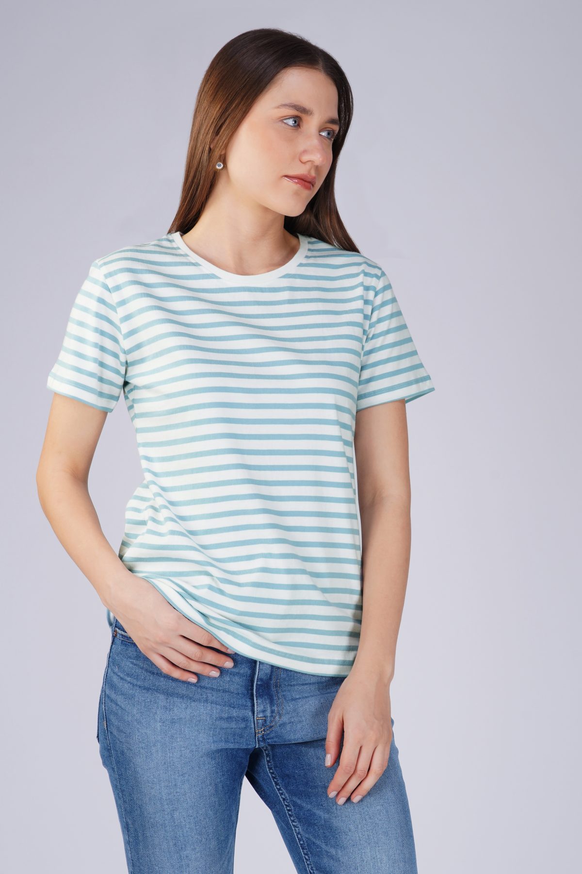 WOMEN STRIPED COTTON T-SHIRT - Sterling blue