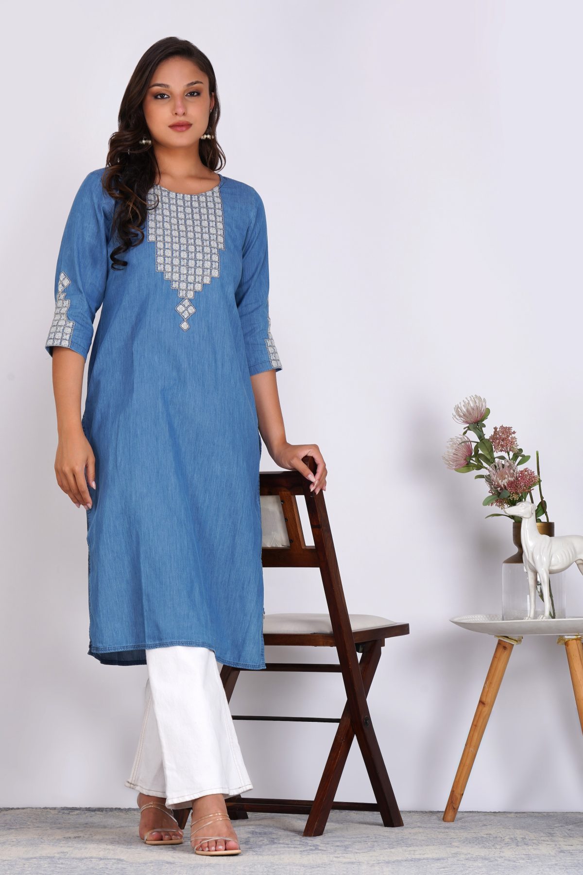 MODISH EMBROIDERED LITE DENIM STRAIGHT KURTA