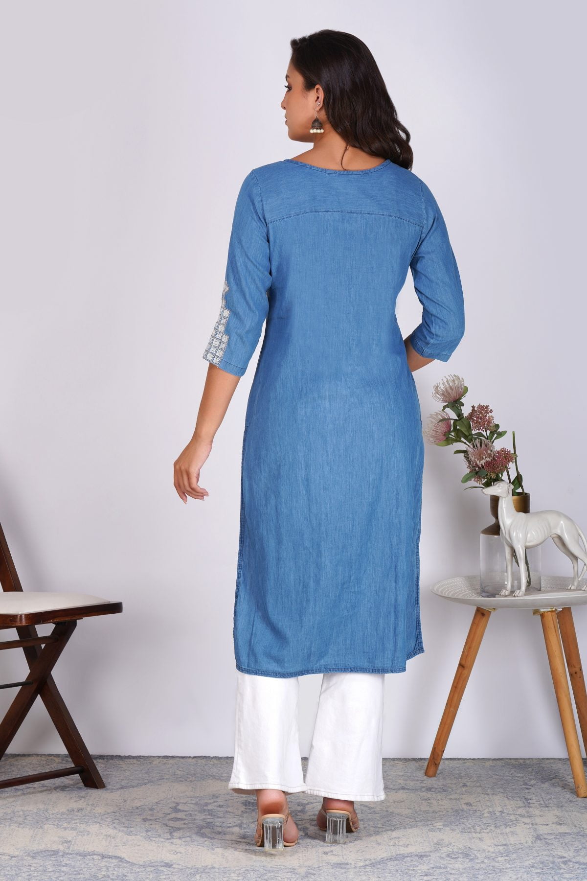 MODISH EMBROIDERED LITE DENIM STRAIGHT KURTA