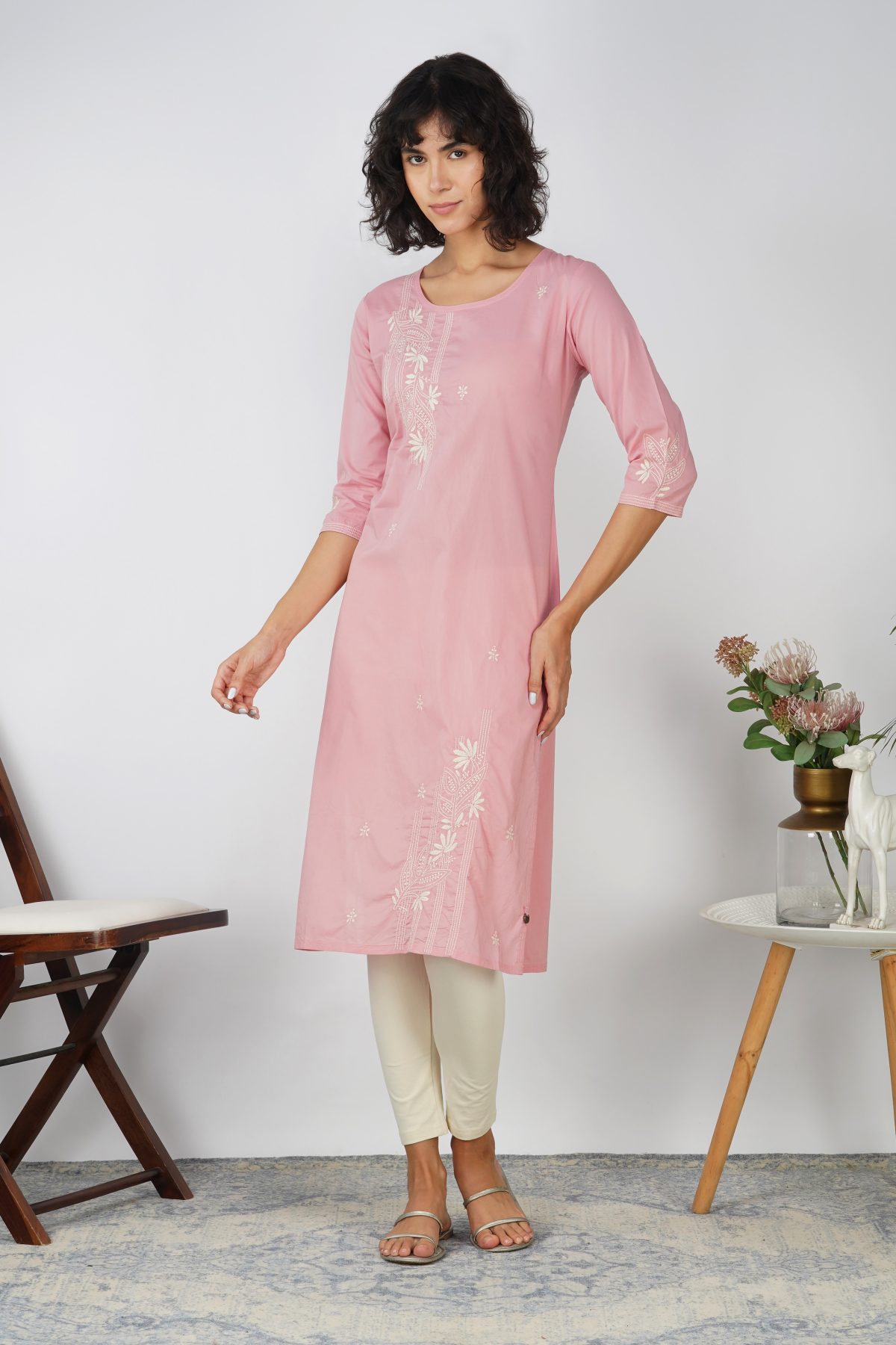 PYRAMID EMBROIDERED SOFT PINK COTTON KURTA