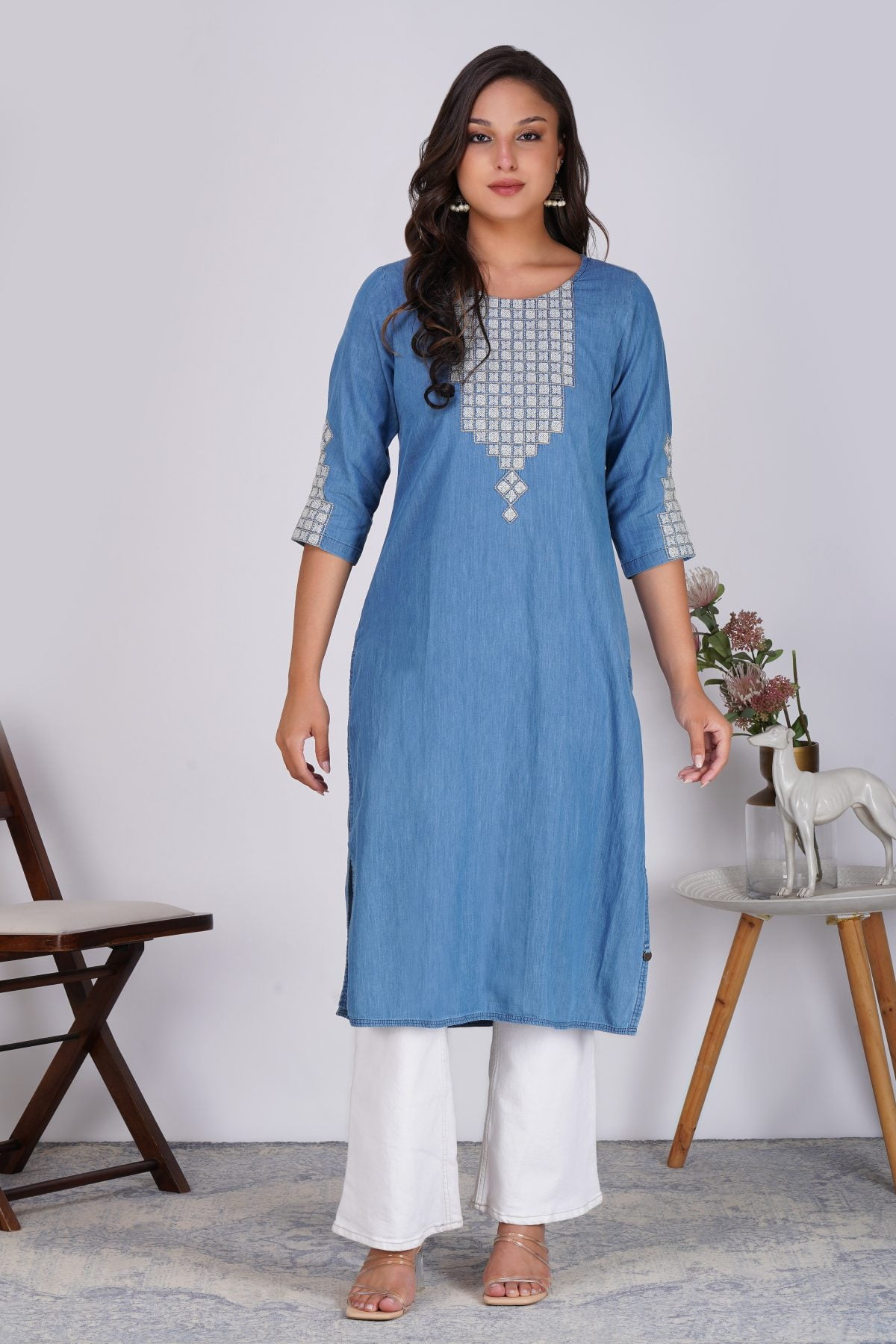 MODISH EMBROIDERED LITE DENIM STRAIGHT KURTA