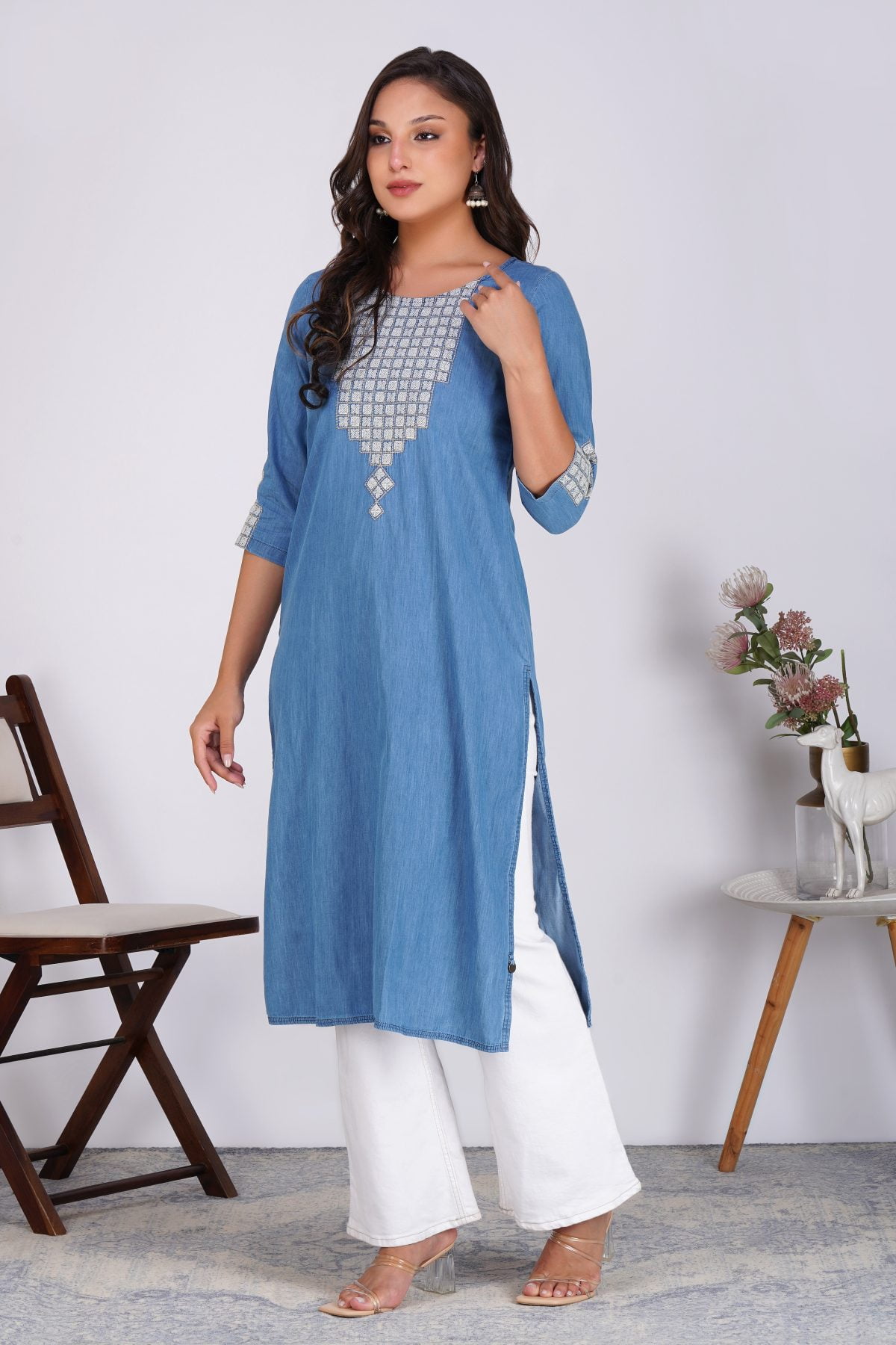 MODISH EMBROIDERED LITE DENIM STRAIGHT KURTA