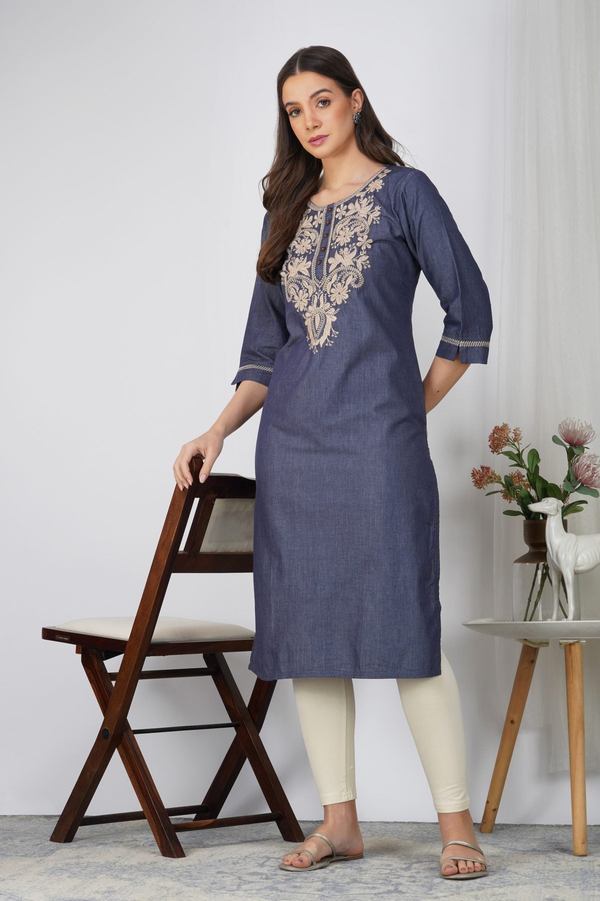 HANDMADE LOOK SILK DENIM EMBROIDERY KURTA