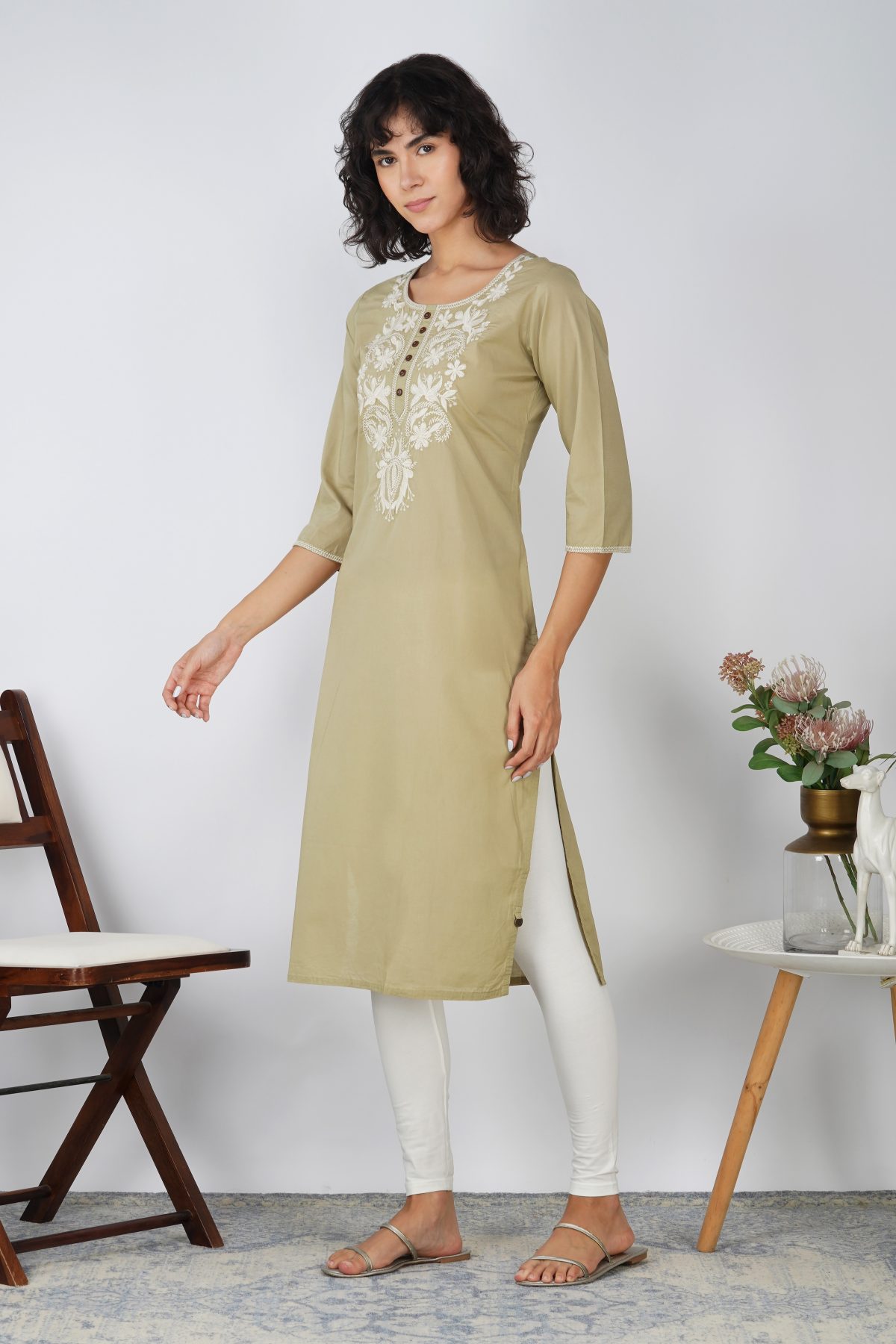 HERITAGE EMBROIDERED MOSSTONE COTTON KURTA