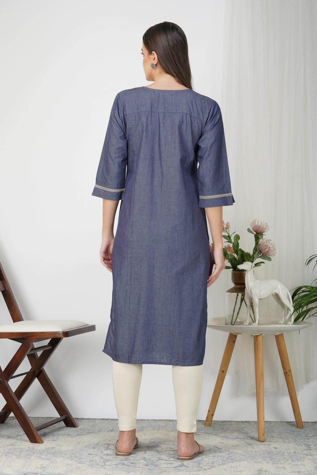 HANDMADE LOOK SILK DENIM EMBROIDERY KURTA