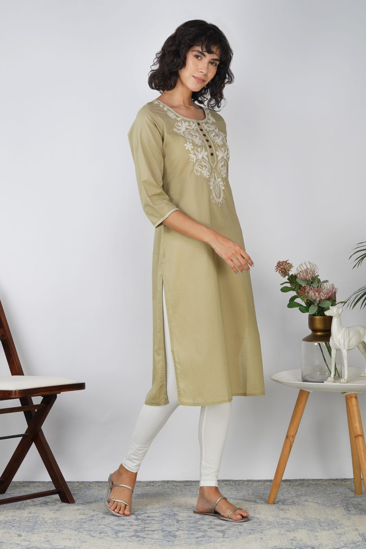 HERITAGE EMBROIDERED MOSSTONE COTTON KURTA