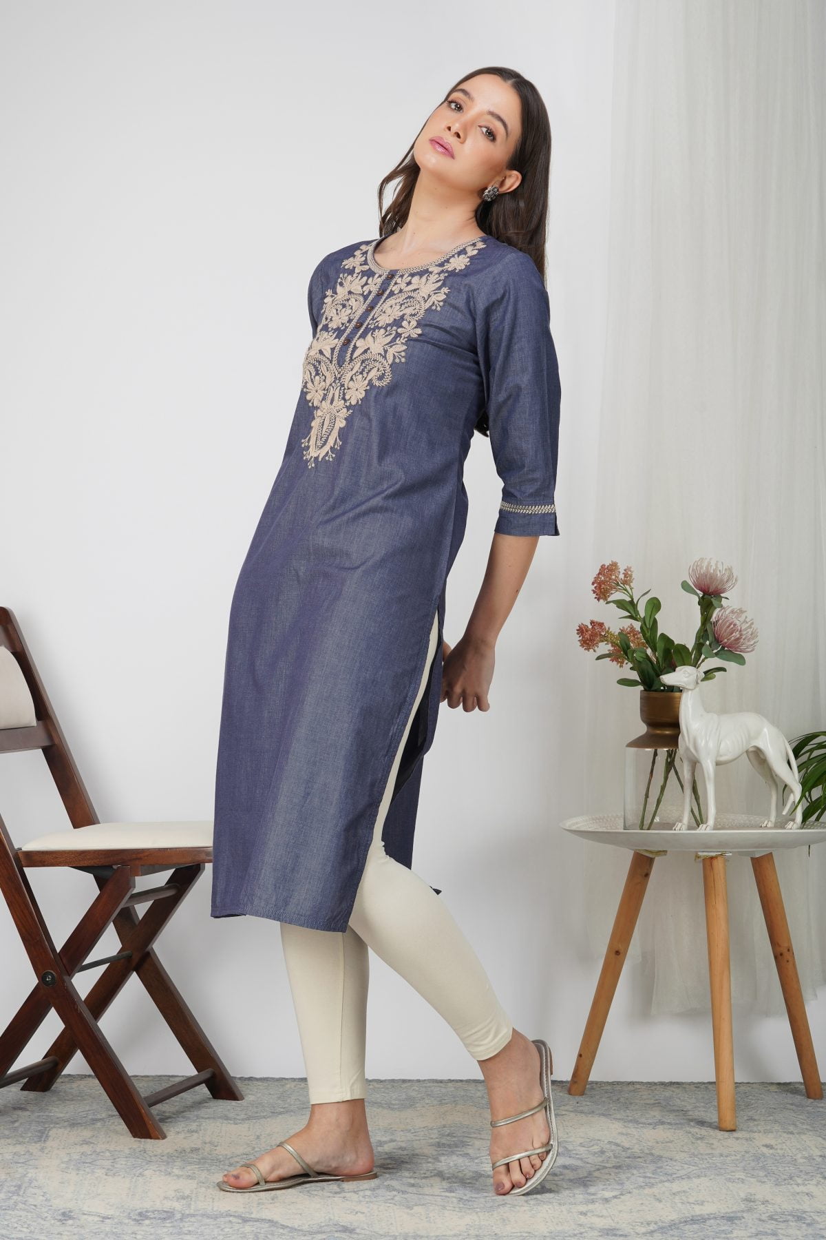 HANDMADE LOOK SILK DENIM EMBROIDERY KURTA