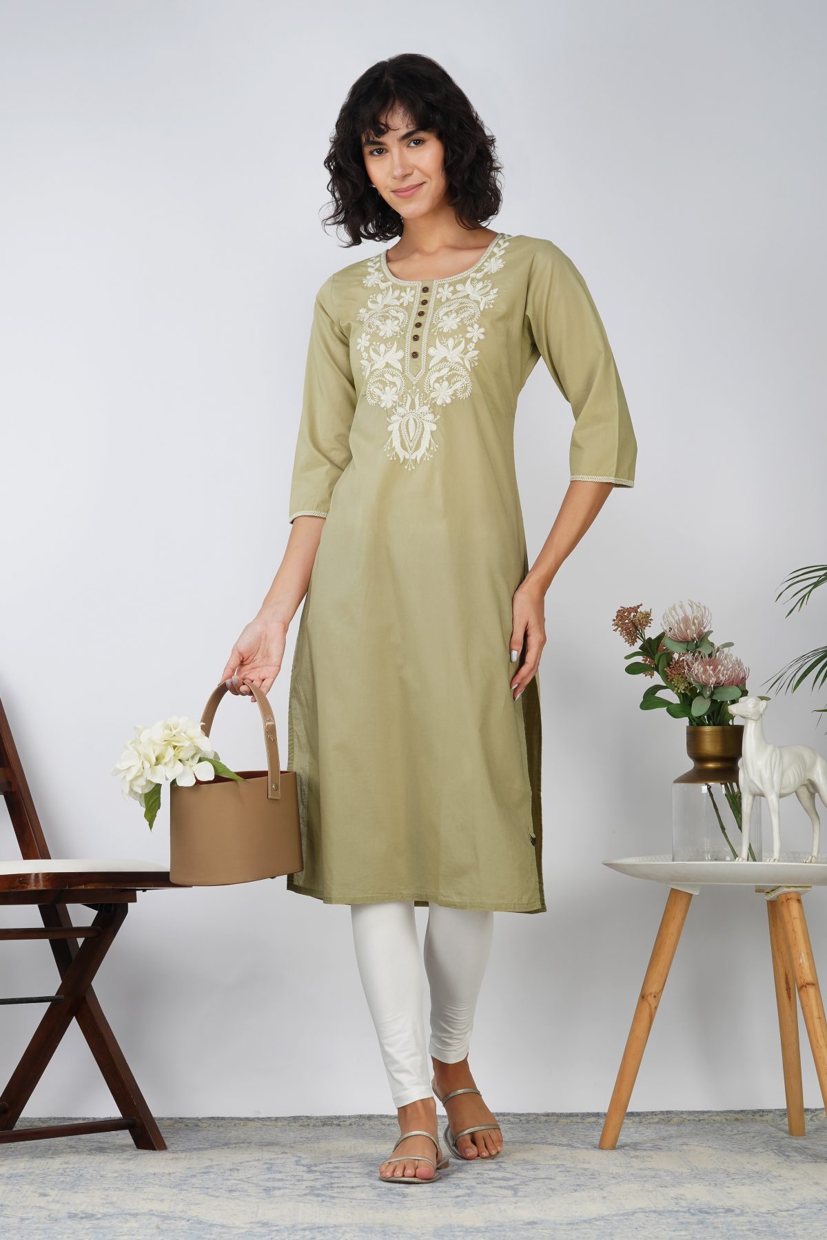 HERITAGE EMBROIDERED MOSSTONE COTTON KURTA