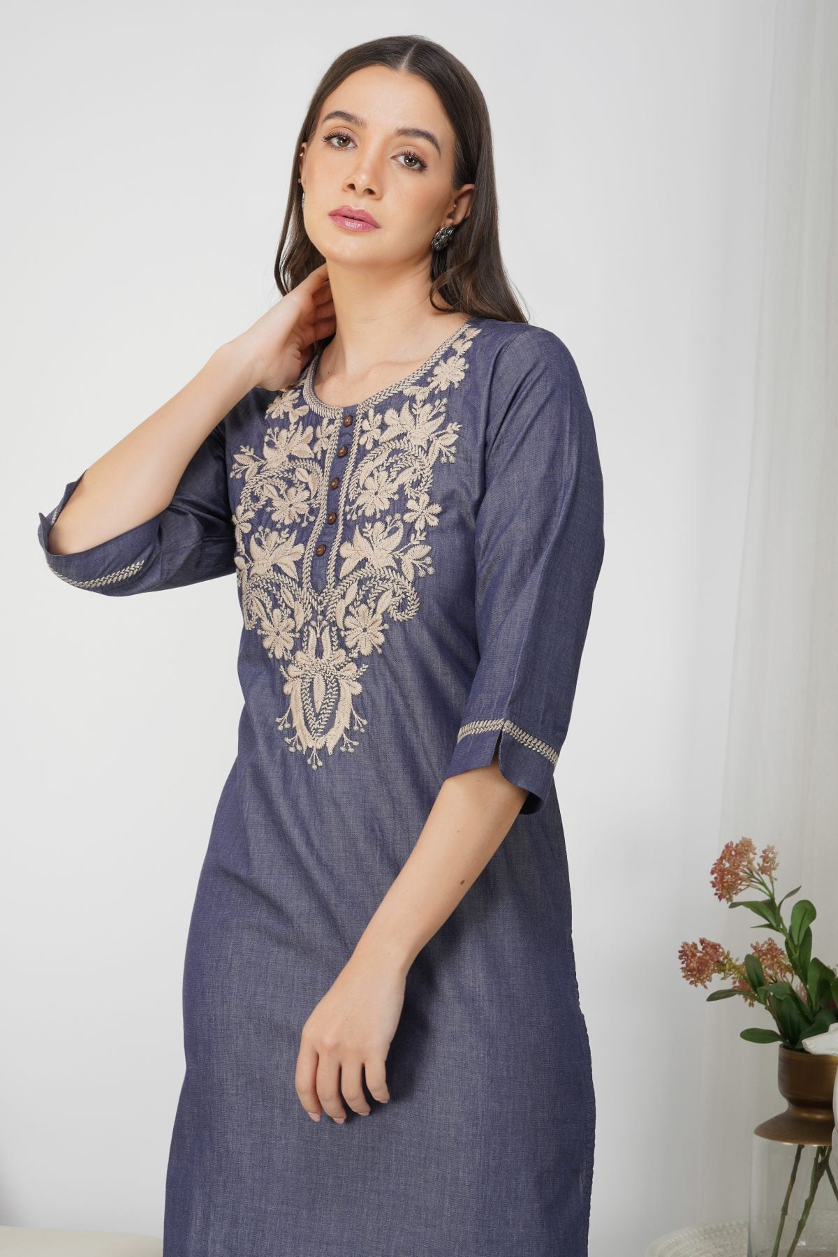 HANDMADE LOOK SILK DENIM EMBROIDERY KURTA