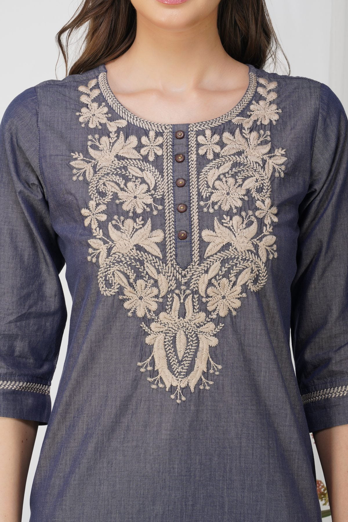 HANDMADE LOOK SILK DENIM EMBROIDERY KURTA