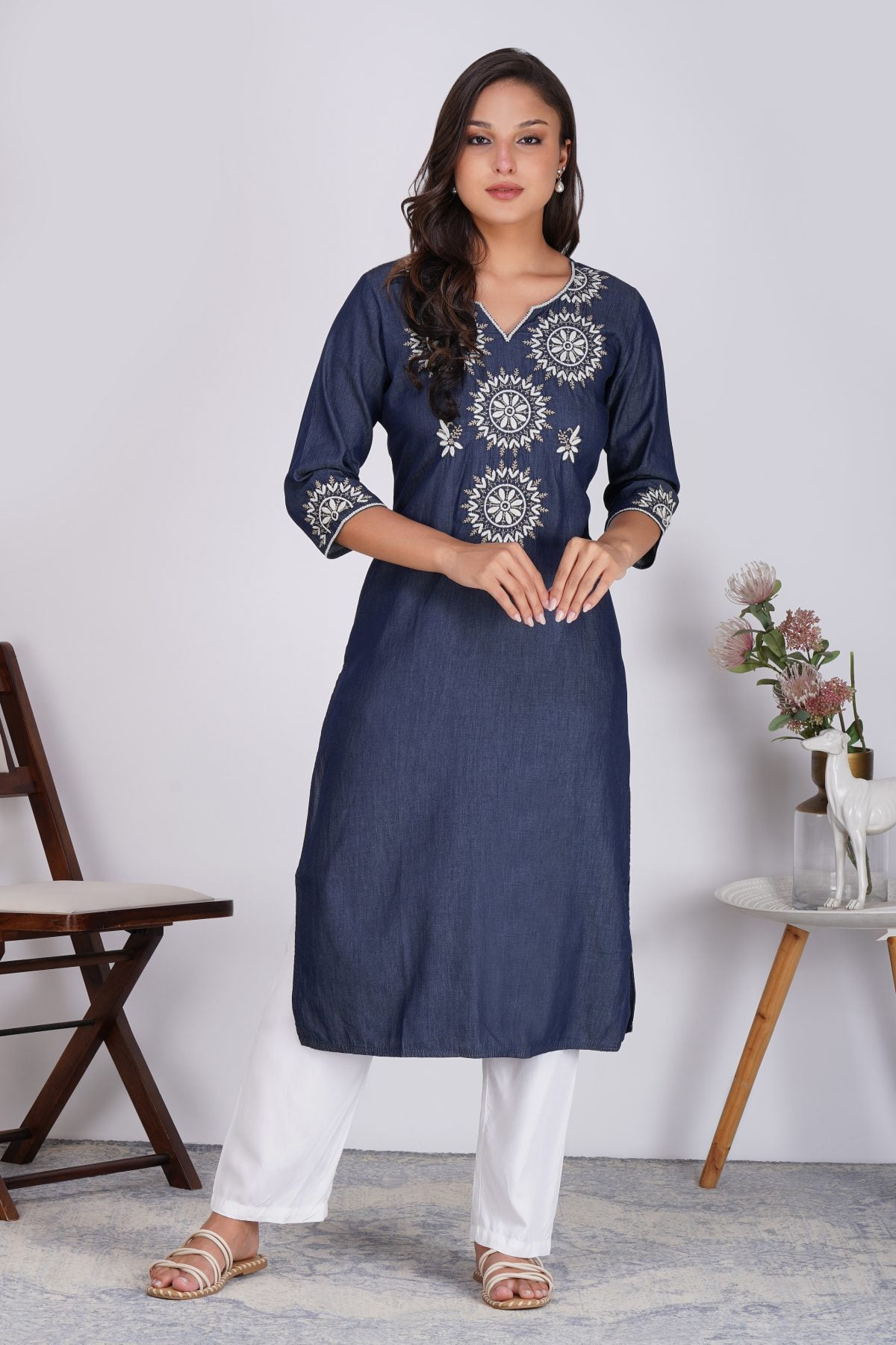 ECLIPSE EMBROIDERED DENIM STRAIGHT KURTA