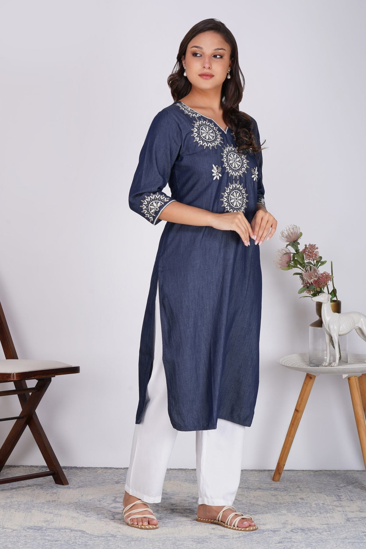 ECLIPSE EMBROIDERED DENIM STRAIGHT KURTA