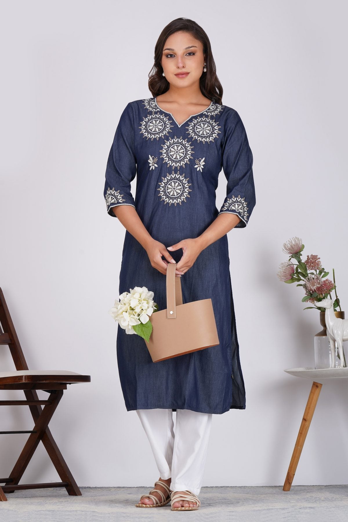 ECLIPSE EMBROIDERED DENIM STRAIGHT KURTA